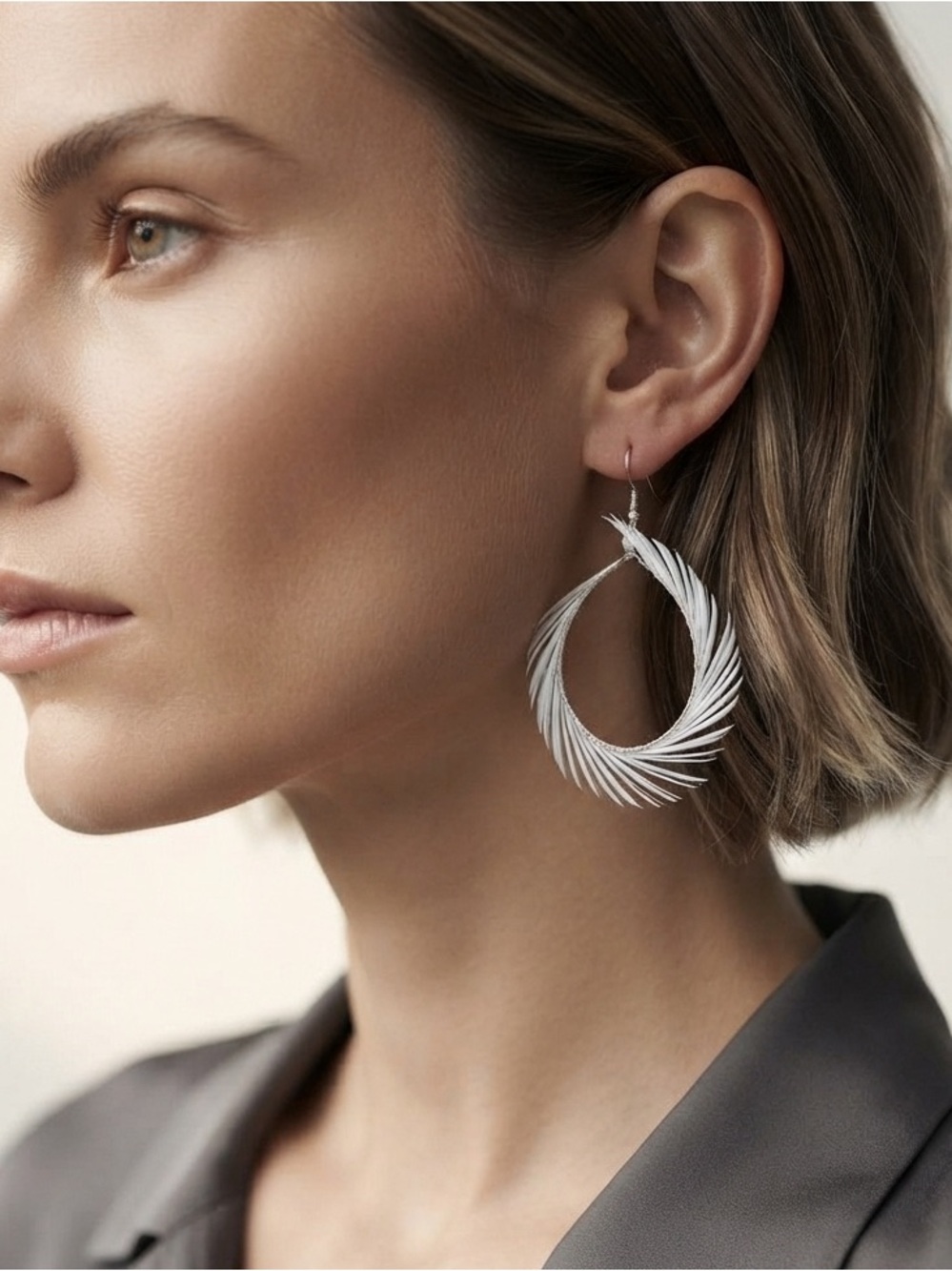 Handmade White Feather Hoop Earrings Boho Statement Jewelry
